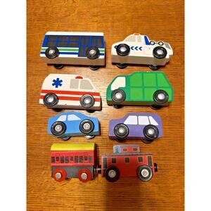 Melissa and Doug Lot of 8 Wooden Train and Emergency Vehicles Fits Brio IKEA Tk